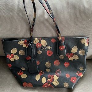 Large Coach Halftone Floral Black Red Tan Tote